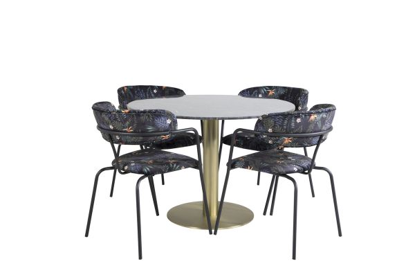 Imagine Masa de dining rotunda Estelle ø106 H75 - Negru / Brass+Scaun Arrow - Picioare negre - Material imprimeu cu flori negre_4