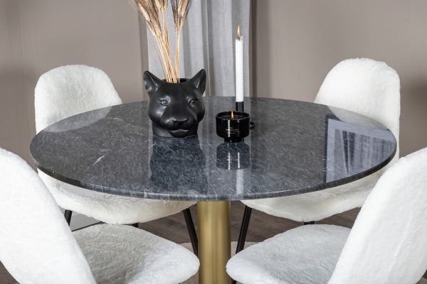 Imagine Vă rugăm să traduceți complet Estelle Round Dining Table ø106 H75 - Black / Brass+Polar Fluff Dining Chair - Black Legs - White Teddy _4