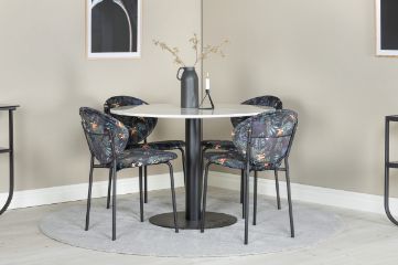 Imagine Masa de dining rotunda Estelle, ø106 H75 - Alb / Negru + Scaun de dining Vault - Picioare negre - Stofă cu imprimeu floral negru_4