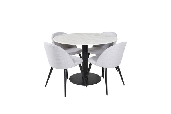 Imagine Masa de dining rotunda Estelle ø106 H75 - Alb / Negru+Scaun de dining din catifea - Picioare negre - Material gri deschis_4