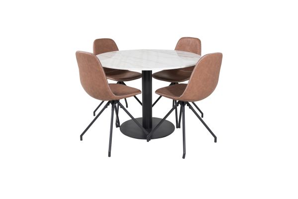 Imagine Masa de dining Estelle rotunda ø106 H75 - Alb / Negru + Scaun de dining Polar cu functia de rotire - picioare negre - Piele sintetica maro - cusaturi albe_4