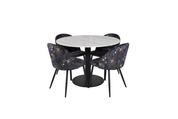 Imagine Masa de dining rotunda Estelle ø106 H75 - Alb/Negru+Scaun de dining Velvelt - Flori Negre- Tecitura Velvet_4