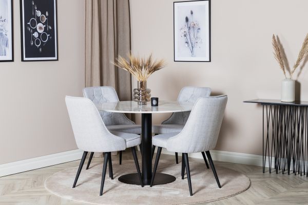 Imagine Vă rugăm să traduceți complet Estelle Round Dining Table ø106 H75 - White / Black + Velvet Deluxe Dining Chair - Black Legs - Light Grey Fabric_4