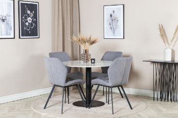 Imagine Vă rugăm să traduceți complet: Masă de dining rotundă Estelle în diametru de 106 cm și înălțime de 75 cm - Alb / Negru + Scaun de dining Gemma - Picioare negre - Stofă gri_4