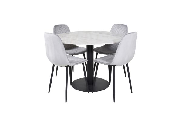 Imagine Masa de dining rotunda Estelle ø106 H75 - Alb / Negru+ Scaun de dining Polar Diamond - Picioare negre - Catifea gri_4