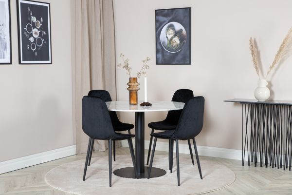 Imagine Masa de dining rotunda Estelle ø106 H75 - Alb / Negru + Scaun de dining Polar Diamond - Picioare Negre - Catifea Neagra_4