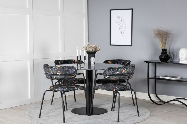 Imagine Masa de dining Estelle rotunda ø106 H75 - Negru / Scaun Arrow - Picioare negre - Material textil negru cu imprimeu floral_4