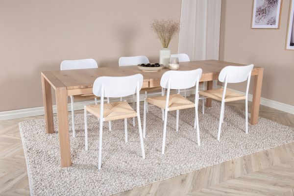 Imagine Tabel extensibil Slider - Alb Spălat - 170+40+40cm + Scaun de dining Polly - Alb / Natură