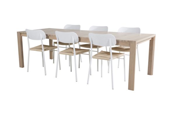 Imagine Tabel extensibil Slider - Alb Spălat - 170+40+40cm + Scaun de dining Polly - Alb / Natură