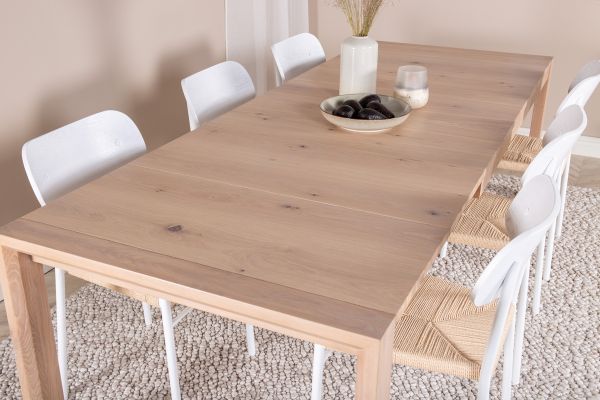 Imagine Tabel extensibil Slider - Alb Spălat - 170+40+40cm + Scaun de dining Polly - Alb / Natură