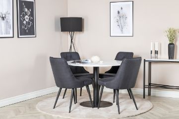 Imagine Vă rugăm să traduceți complet: Masă de dining Razzia 106cm - Terazzo alb / negru - scaun de dining Velvet Deluxe - picioare negre - material negru 4