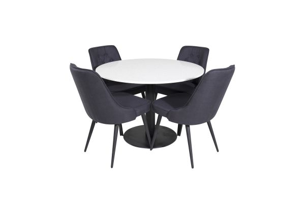 Imagine Vă rugăm să traduceți complet: Masă de dining Razzia 106cm - Terazzo alb / negru - scaun de dining Velvet Deluxe - picioare negre - material negru 4