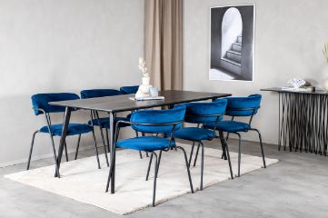 Imagine Masa de dining Dipp - 180*90cm - Furnir negru / picioare complet negre - Scaun Arrow - Picioare negre - Catifea albastra 6