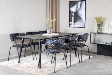 Imagine Masa de dining Dipp - 180*90cm - Furnir negru / picioare complet negre - Scaun Arrow - Picioare negre - Material cu imprimeu floral negru 6