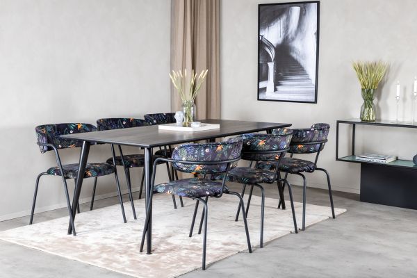 Imagine Masa de dining Dipp - 180*90cm - Furnir negru / picioare complet negre - Scaun Arrow - Picioare negre - Material cu imprimeu floral negru 6