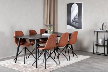 Imagine Masa de dining Dipp - 180*90cm - furnir negru / picioare complet negre - Scaun de dining Polar cu functie de rotire - picioare negre - PU maro - Cusaturi albe 6