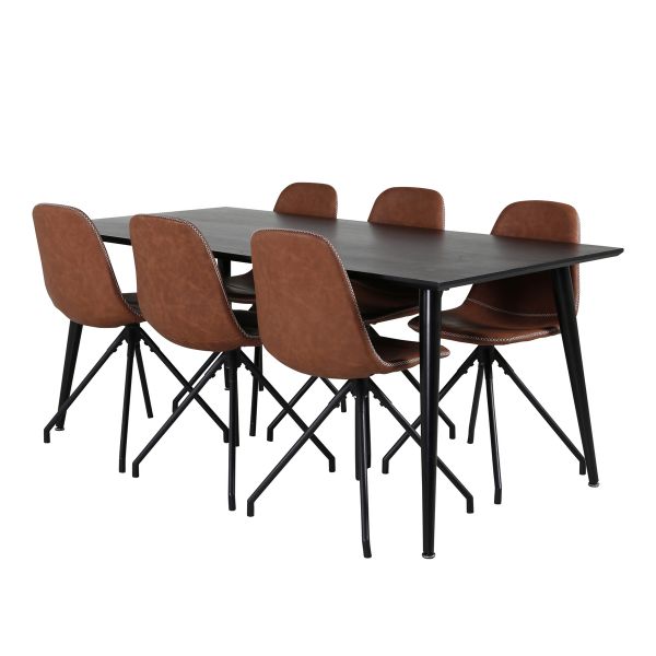 Imagine Masa de dining Dipp - 180*90cm - furnir negru / picioare complet negre - Scaun de dining Polar cu functie de rotire - picioare negre - PU maro - Cusaturi albe 6