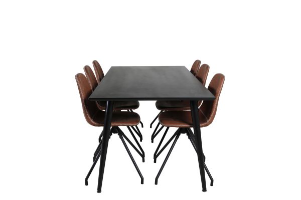 Imagine Masa de dining Dipp - 180*90cm - furnir negru / picioare complet negre - Scaun de dining Polar cu functie de rotire - picioare negre - PU maro - Cusaturi albe 6