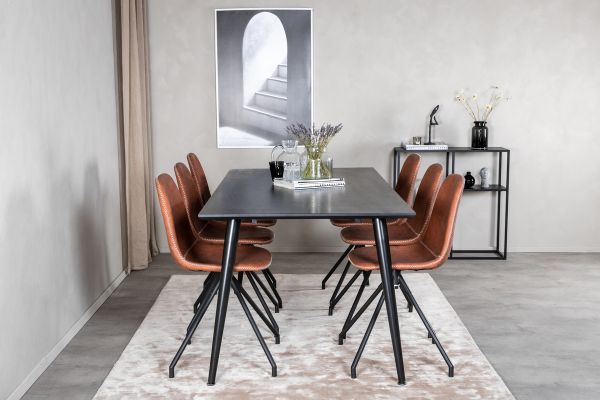 Imagine Masa de dining Dipp - 180*90cm - furnir negru / picioare complet negre - Scaun de dining Polar cu functie de rotire - picioare negre - PU maro - Cusaturi albe 6