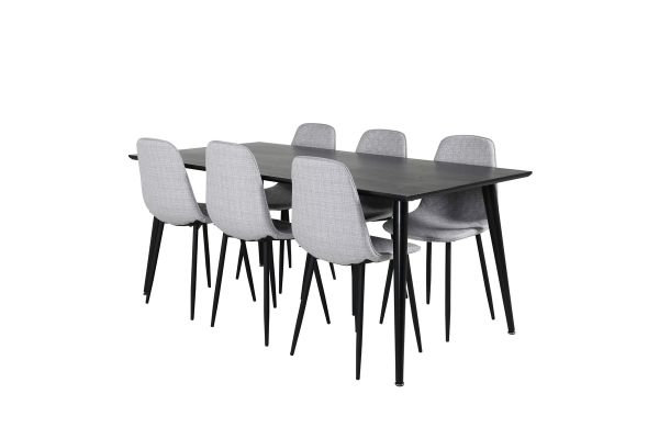 Imagine Masa de dining Dipp - 180 * 90cm - Furnir negru / picioare complet negre - 6 scaune de dining Polar Diamond - Picioare negre - Material gri