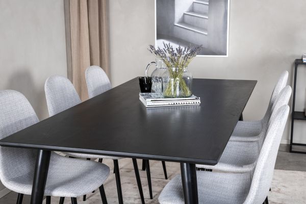 Imagine Masa de dining Dipp - 180*90 cm - Furnir negru / picioare complet negre - Scaun de dining Polar - Picioare negre - Material gri deschis 6