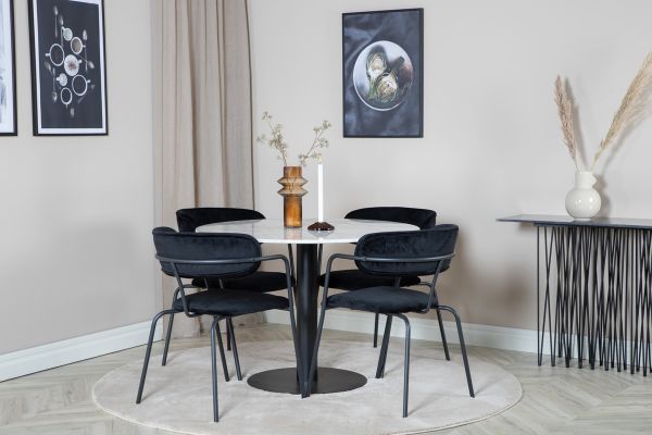 Imagine Estelle Dining Table round 106cm White marble / Black Legs - Arrow armchair - Black Legs - Black Velvet 4