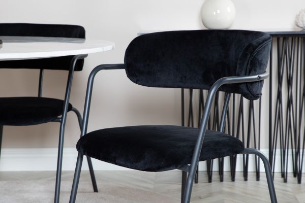 Imagine Estelle Dining Table round 106cm White marble / Black Legs - Arrow armchair - Black Legs - Black Velvet 4