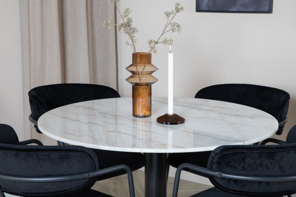 Imagine Estelle Dining Table round 106cm White marble / Black Legs - Arrow armchair - Black Legs - Black Velvet 4