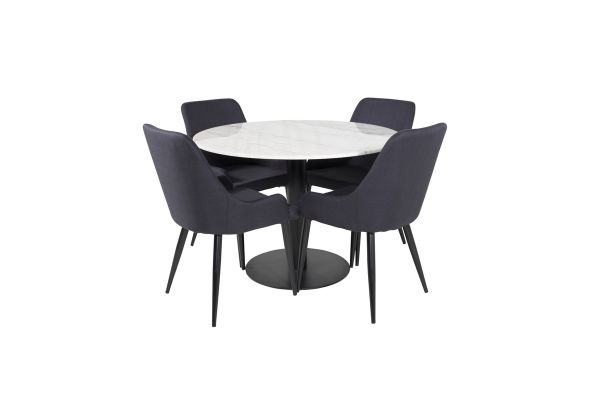 Imagine Masa de dining Estelle rotunda de 106 cm, marmură albă / picioare negre - Scaun de dining Plaza - Picioare negre - Țesătură neagră 4