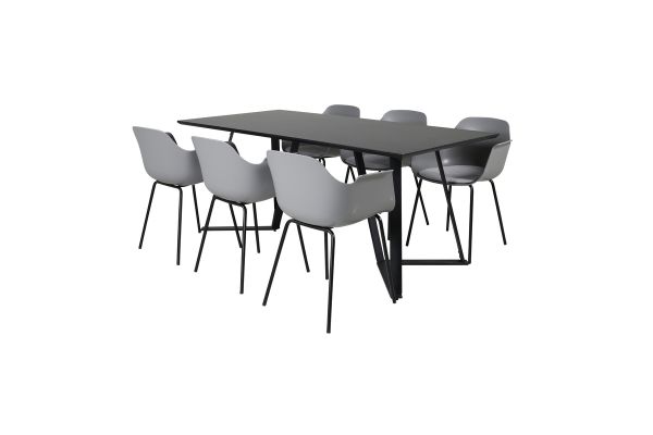 Imagine Masa de dining Marina - blat negru / picioare negre - 6 scaune plastic Comfort - picioare negre - plastic gri