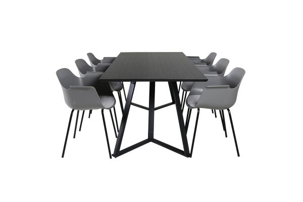 Imagine Masa de dining Marina - blat negru / picioare negre - 6 scaune plastic Comfort - picioare negre - plastic gri