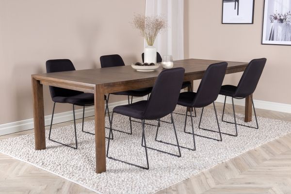 Imagine Tabelul extensibil Slider - Stejar Fumuriu - 170+40+40cm + 6 scaune de dining Muce - Picioare Negre - Material Negru