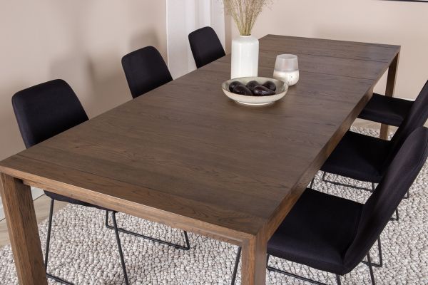 Imagine Tabelul extensibil Slider - Stejar Fumuriu - 170+40+40cm + 6 scaune de dining Muce - Picioare Negre - Material Negru