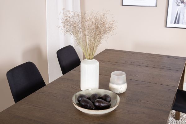 Imagine Tabelul extensibil Slider - Stejar Fumuriu - 170+40+40cm + 6 scaune de dining Muce - Picioare Negre - Material Negru