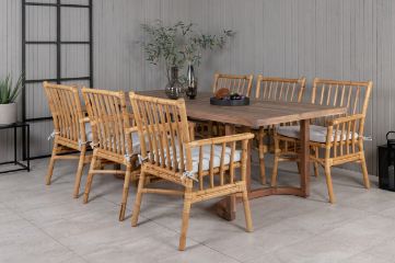 Imagine Masa pentru dining Erica din acacia cu finisaj wire brushed 214 * 100 + Scaun de dining Cane - Bambus / Cușinetă gri _6