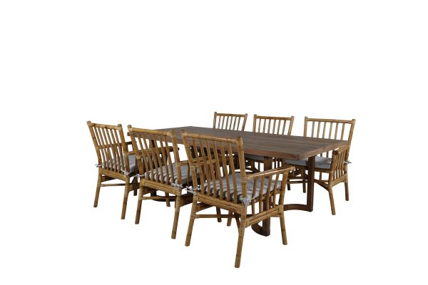 Imagine Masa pentru dining Erica din acacia cu finisaj wire brushed 214 * 100 + Scaun de dining Cane - Bambus / Cușinetă gri _6