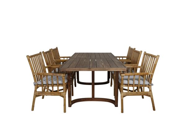 Imagine Masa pentru dining Erica din acacia cu finisaj wire brushed 214 * 100 + Scaun de dining Cane - Bambus / Cușinetă gri _6