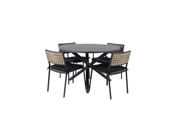 Imagine Masa de dining Alma - Alu Negru - ø120cm+Scaun de dining Paola - Oțel Negru / Ratan Natural / Pernă Neagră_4