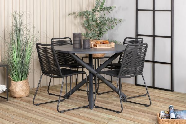 Imagine Masa de dining Alma - Aluminiu negru - ø120cm + Scaun empilabil Lindos - Aluminiu negru / Sfoara neagră_4