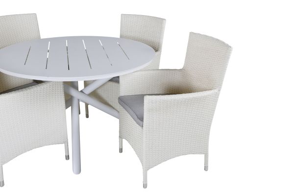 Imagine Masa de dining Alma - Aluminiu alb - ø120cm+ Scaun de dining Malin cu pernă - Alb / gri