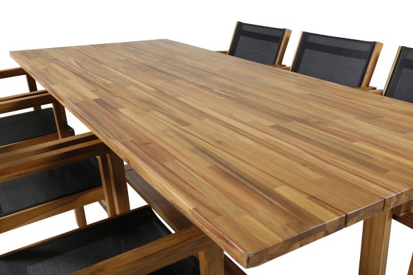 Imagine Plankton - Masă de dining acacia - 220*100+Venice Scaun cu empilare - Teak / Textilenă neagră_6