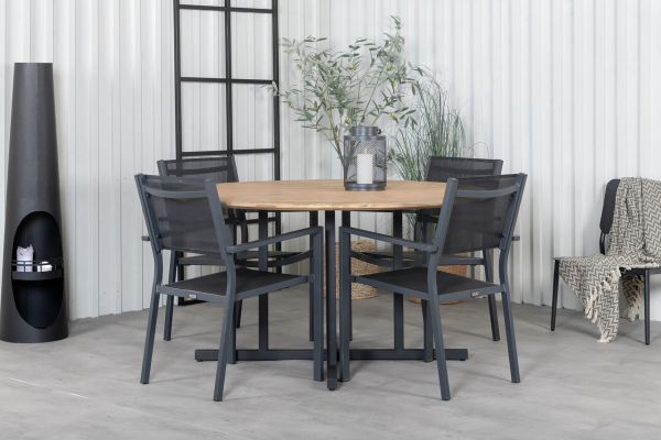 Imagine Masa de dining Cruz - Oțel negru / Acacia (aspect de tek) ø140cm + Scaun Copacabana empilabil - Negru / Negru - Înlocuit de 4231-408 _4