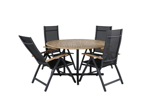 Imagine Masa de dining Cruz - Oțel negru / Acacia (aspect de tek) ø140cm + Scaun Panama Light 5-poziții Negru / Negru _4