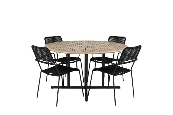 Imagine Masa de dining Cruz - Oțel negru / Acacia (aspect de teak) ø140cm +Scaun de dining Lindos - Aluminiu negru / Frânghie neagră _4