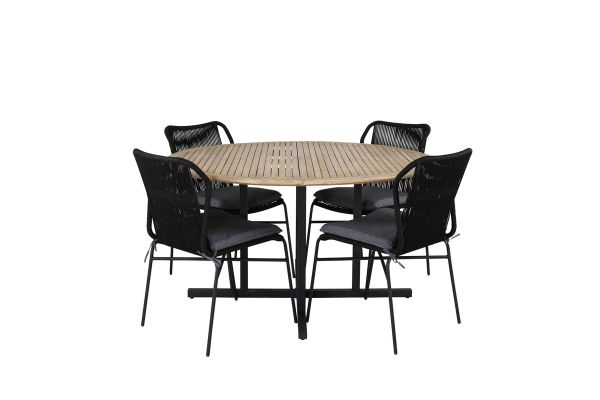 Imagine Masa de dining Cruz - Oțel negru / Acacia (aspect de tec) ø140cm + Scaun de dining Julian - Oțel negru / Sfoară neagră (suprapunere) _4