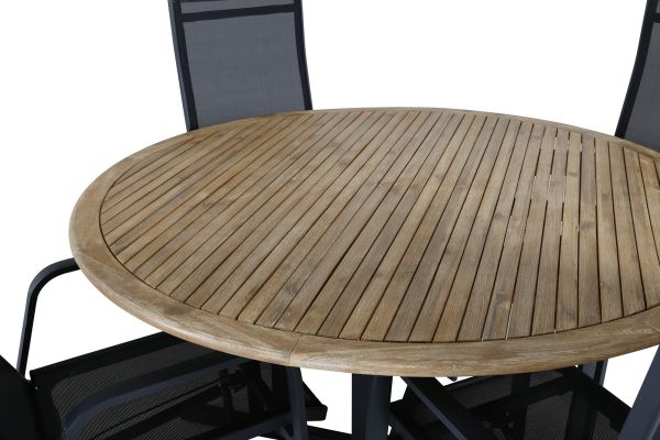 Imagine Masa de dining Cruz - Otel Negru / Acacia (aspect de tek) ø140cm + Scaun de relaxare Copacabana - Negru/Negru _4