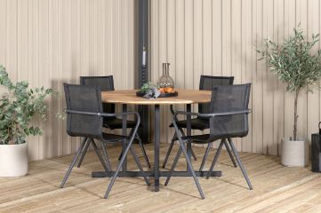 Imagine Masă de dinning Cruz - Oțel Negru / Acacia (aspect de teak) ø140cm + Scaun de dinning Alina - Aluminiu Negru / Textilene Negru _4