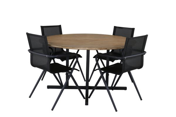 Imagine Masă de dinning Cruz - Oțel Negru / Acacia (aspect de teak) ø140cm + Scaun de dinning Alina - Aluminiu Negru / Textilene Negru _4