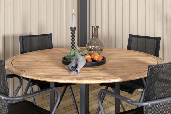 Imagine Masă de dinning Cruz - Oțel Negru / Acacia (aspect de teak) ø140cm + Scaun de dinning Alina - Aluminiu Negru / Textilene Negru _4