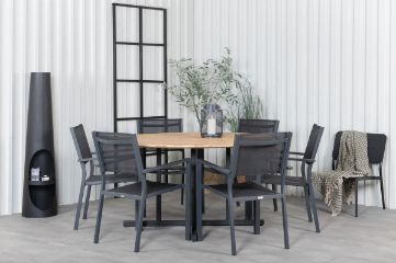 Imagine Masa de dining Cruz - Oțel negru / Acacia (aspect de lemn de tek) ø140cm + Scaun Copacabana empilabil - Negru/Negru - Înlocuit de 4231-408 _6